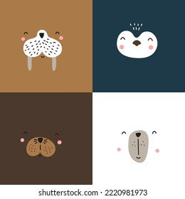 Set With Cute Arctic Animals: Penguin, Polar Bear, Walrus, Seal. Vector Illustration For Your Design.