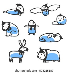 Set of cute arctic animals. Vector doodles isolated on white. Childish illustrations of polar bear, reindeer, arctic fox, walrus, seal, owl, penguin and musk-ox. Animals wear scarves and hats