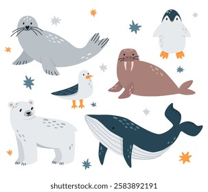 Set of cute arctic animals. Wild polar animals in cartoon style.