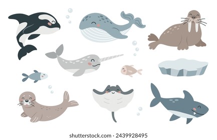 Set of cute arctic sea animals in flat cartoon style. Wild polar marine mammals and fish. Design elements for printing, poster, card.