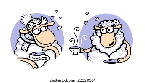 Set of cute aries boy and lamb girl with cup and loving look as sticker for valentines day
