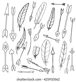 A set of cute arrows and feathers, black hand drawn doodles on a white background