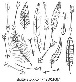 A set of cute arrows and feathers, black hand drawn doodles on a white background