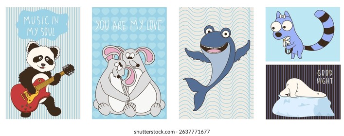Set of cute art posters for kids room wall. Vector illustrations of cat, bunny, panda bear, whale perfect for birthday greeting card, background or postcard cover print. EPS 10