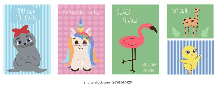 Set of cute art posters for kids room wall. Vector illustrations of unicorn, flamingo, navy seal, giraffe, chicken perfect for birthday greeting card, background or postcard cover print. EPS 10
