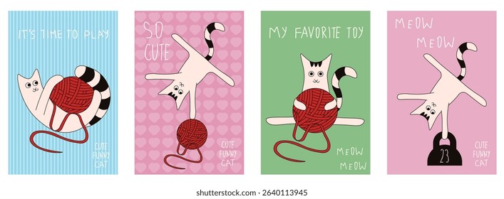 Set cute art posters for kids room wall. Vector illustrations of funny cat with ball of thread perrfect for birthday greeting card, background or postcard cover print. EPS 10