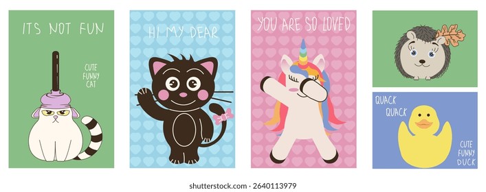 Set of cute art posters for kids room wall. Vector illustrations of cat, yellow duck, dancing unicorn, hedgehog perfect for birthday greeting card, background or postcard cover print. EPS 10