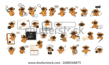 Set of cute artificial intelligence illustrations in orange and black, engaging in different tasks like searching, chatting, and working on a laptop. Ideal for techthemed projects.