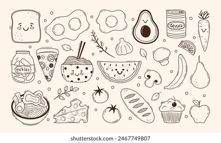 Set of cute asian food characters. Bread, eggs, avocado, ramen, beans, pizza line drawings with smiling faces. Funny doodle snacks, desserts, lunch and dinner. Hand drawn vector illustrations