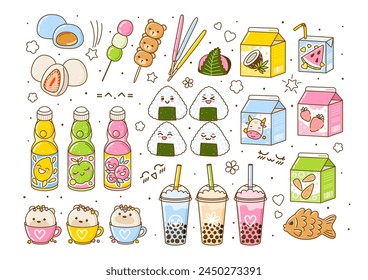 Conjunto de lindos Elementos de comida asiática - ilustración de dibujos animados de dulces y bebidas tradicionales japoneses aislados sobre fondo blanco para su diseño kawaii