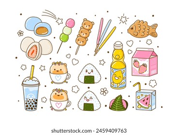 Set of cute asian food elements - cartoon illustration of traditional japanese sweets and drinks isolated on white background for Your kawaii design