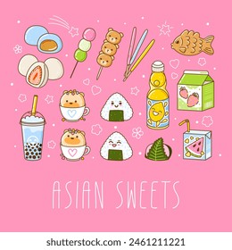 Set of cute asian food elements - cartoon illustration of traditional japanese sweets and drinks for Your kawaii design