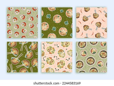 Set of cute Asian food prints. Pattern with udon or ramen soup. Bowl with noodles. Suitable for restaurant banners, menus, and fast food advertisements. Korean or Chinese food.