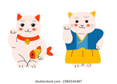 set of cute asian kitten in kimono with fish