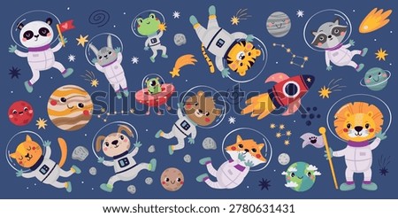 Set of cute astronaut animals in space, rockets, planets, stars. Space bundle in cartoon style with planets, kids and animals astronauts on dark background.