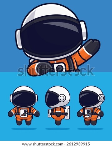 Set Cute Astronaut Cartoon Character in Orange Spacesuit – Vector Space Illustration