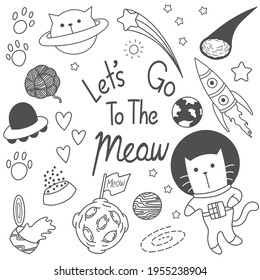 Set of cute astronaut cat, print, doodles, cartoon fun, funny, art