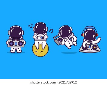 Set Of Cute Astronaut With Disco Party Music