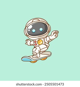 set Cute astronaut Playing hoverboard Skateboard chibi kawaii character mascot illustration outline design