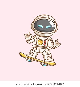 set Cute astronaut Playing hoverboard Skateboard chibi kawaii character mascot illustration outline design