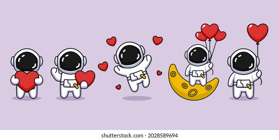 Set of cute astronaut with Valentine's Day Theme