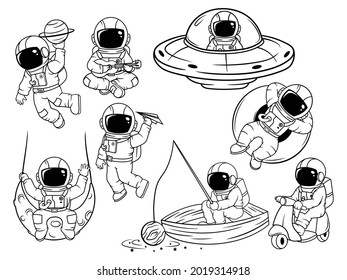 Set of cute astronauts. Collection of kids cosmonaunt on the moon, on scooter, sitting on a boat. Vector illustration of space explorers.