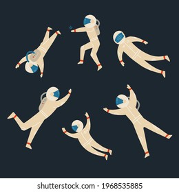 Set of cute astronauts in different poses. Flat icon spacemen collection. Hand drawn vector illustration.