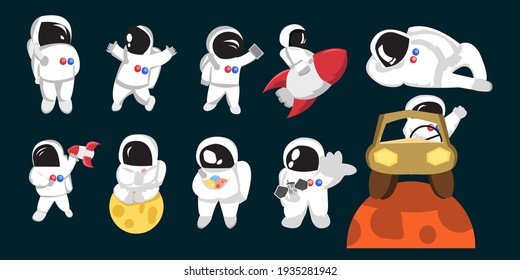 Conjunto de aislamientos de Astronauta Cute sobre fondo negro