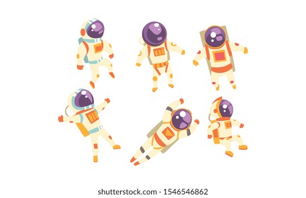 Set of cute astronauts in orange spacesuits. Vector illustration on a white background.