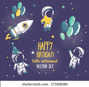 set of cute astronauts and rocket in space for birthday party in cosmic style, vector illustration