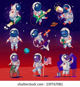 Set of cute astronauts in space, working and having fun. Isolated images.