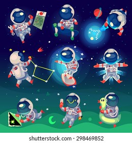 Set of cute astronauts in space, working and having fun. Isolated images.