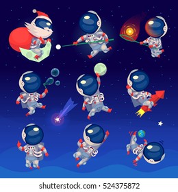 Conjunto de astronautas bonitos no espaço, trabalhando jogando jogos e se divertindo. Astronautas em trajes espaciais sem gravidade. Imagens vetoriais isoladas.