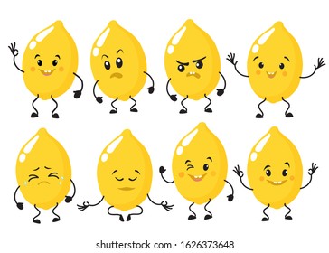 Set of cute, attractive characters of lemons, with emotions joy irritation surprise admiration. Vector illustration. For packaging, brochures, advertising, design, banner, label.