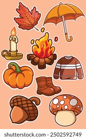 Set Cute Atumn Sticker Aesthetic Cozy Vector Illustration Bundling