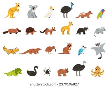 Set of cute Australian animals in cartoon style isolated on white background.