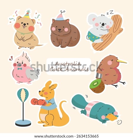 Set of cute Australian animals in cartoon style. Australian animals and flora. Australian characters for kids. Baby illustration. Hand drawn colorful vector 