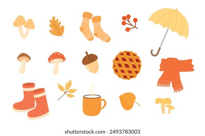 Set of cute autumn attributes, cozy elements. Collection of umbrella, mushrooms, scarf, berries, rain boots, pie and tea cup. Flat vector illustration. Vector icons.