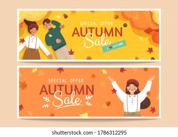 Set of cute autumn banners in retro hand drawn style, applicable to web headers and sale promotion