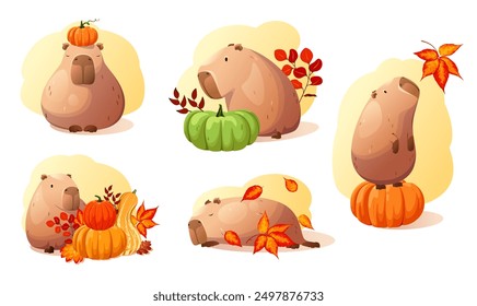 A set of cute autumn capybaras with pumpkins and leaves on a white background. Vector illustration. Cartoon-style animals.