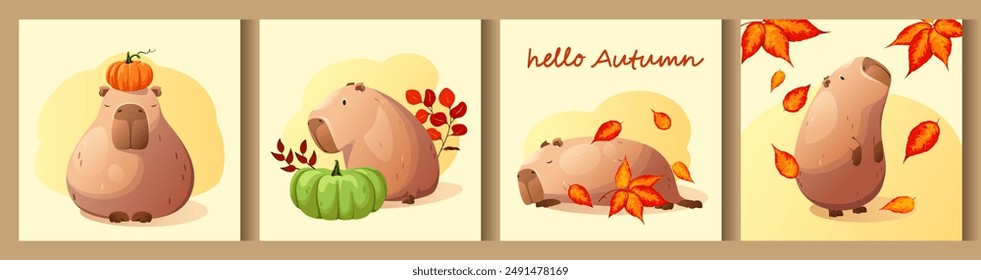 A set of cute autumn cards with capybaras. Hello autumn. Vector illustration in cartoon style.