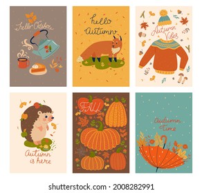 Set of cute autumn cards. Vector graphics.