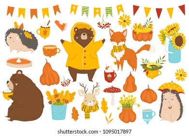 Set of cute autumn cartoon characters, plants and food. Fall season. Collection of scrapbook elements for party, harvest festival or Thanksgiving day.