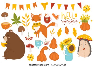 Set of cute autumn cartoon characters, plants and food. Fall season. Collection of scrapbook elements for party, harvest festival or Thanksgiving day.