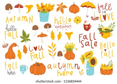 Set of cute autumn cartoon characters, plants and food. Fall season. Collection of scrapbook elements for party, harvest festival or Thanksgiving day.