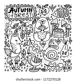 Set of cute autumn cartoon characters, plants and fruits. Fall season. Forest animals. Collection of doodle outline  elements for coloring book, children design.