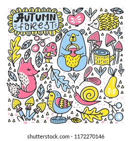 Set of cute autumn cartoon characters, plants and fruits. Fall season. Forest animals. Collection of doodle outline  elements for coloring book, children design.