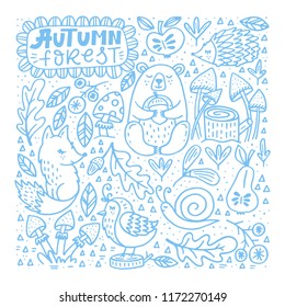 Set of cute autumn cartoon characters, plants and fruits. Fall season. Forest animals. Collection of doodle outline  elements for coloring book, children design.