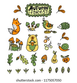 Set of cute autumn cartoon characters, plants and fruits. Fall season. Forest animals. Collection of doodle outline  elements for coloring book, children design.