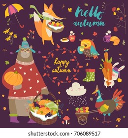 Set of cute autumn cartoon characters, plants and food